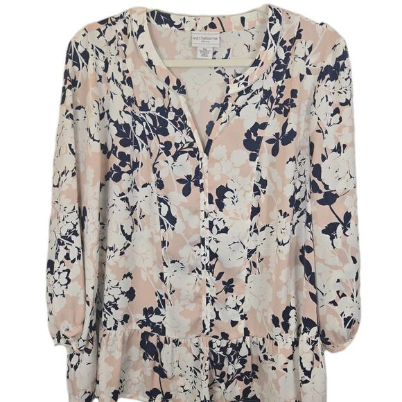 Liz Claiborne Womens Blouse 3/4 Sleeve Floral Pink/Navy PETITE XL Peasant Boho - Picture 1 of 9